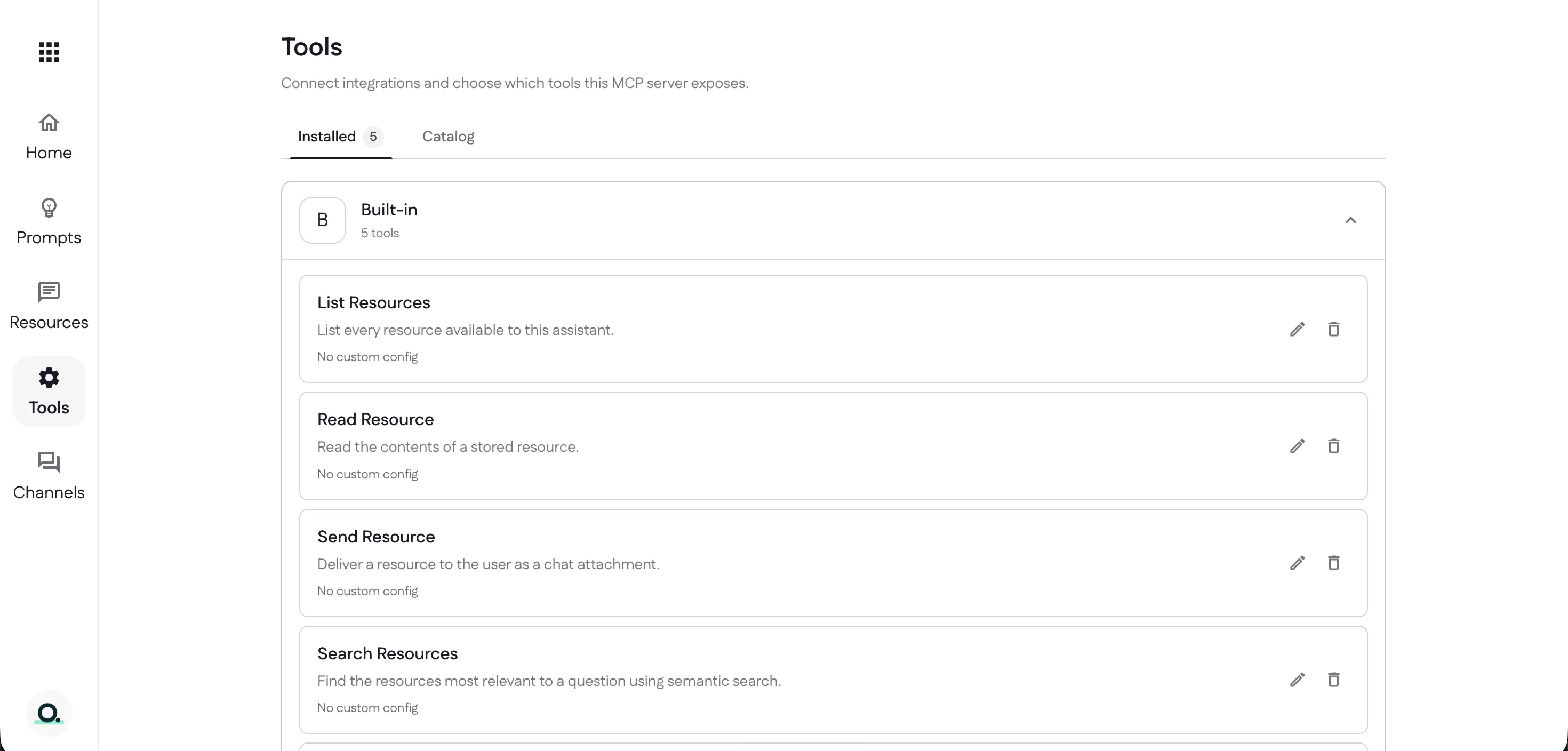 The Tools page Installed tab showing the five built-in tools