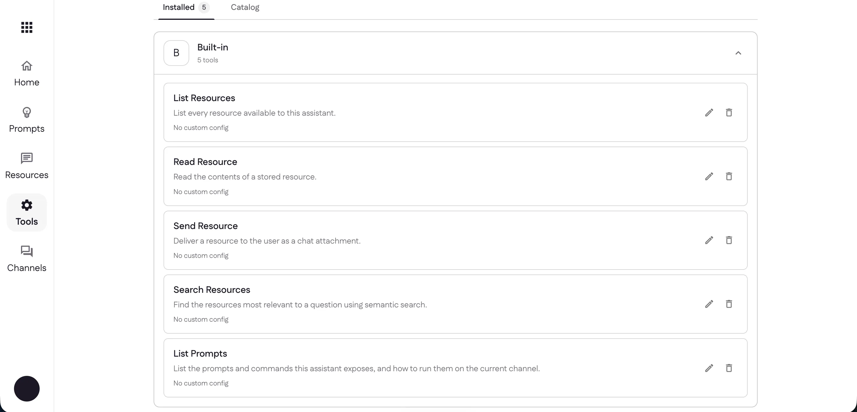 The Tools page listing the five built-in tools installed by default