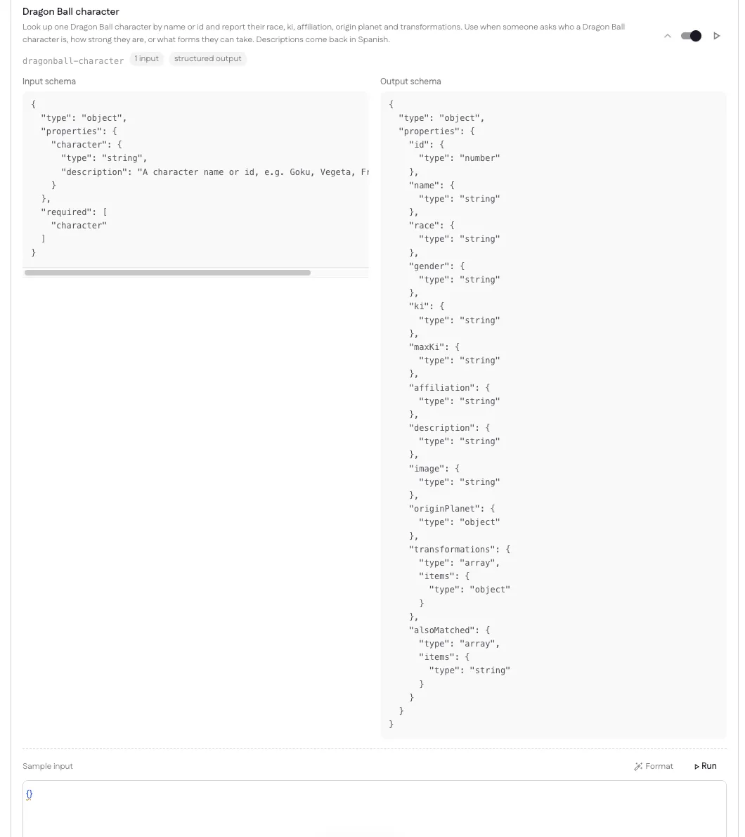 A function expanded to its input and output schemas with a sample input field and a Run button
