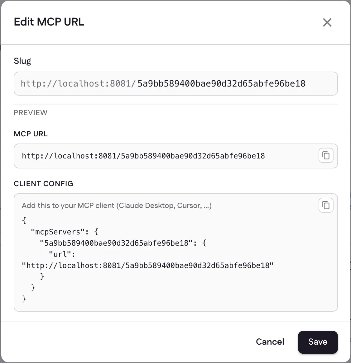 The Edit MCP URL dialog showing the slug field, the full MCP URL, and a client-config JSON snippet