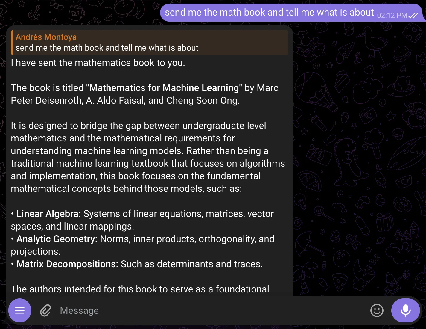 The Telegram bot sending the mathematics PDF and describing what the book covers