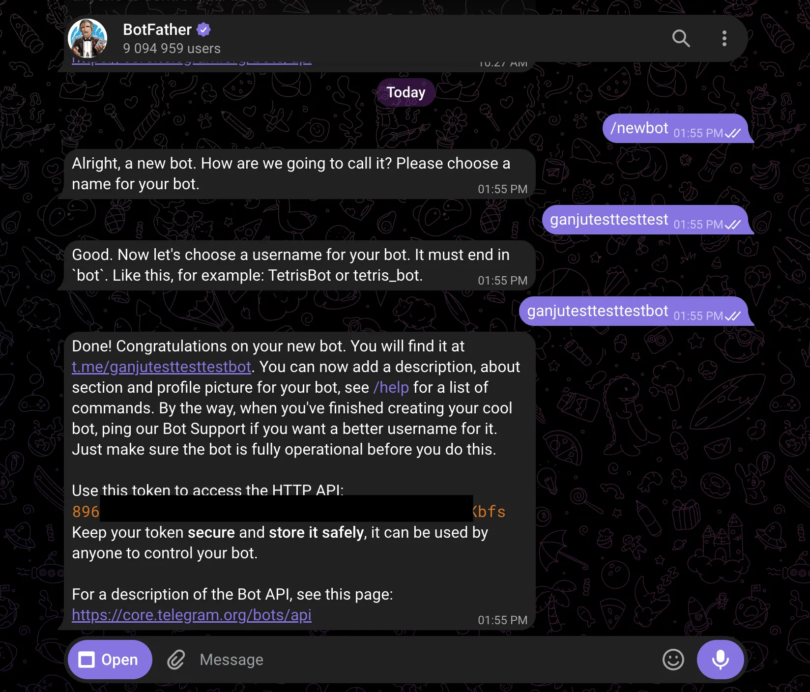 The BotFather chat in Telegram walking through /newbot to create a bot and get its token
