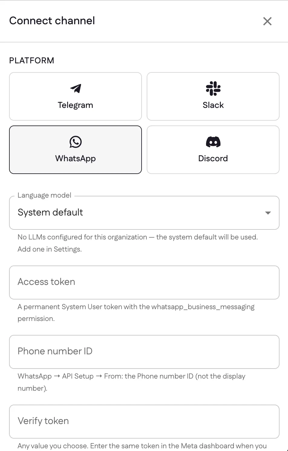 The Connect channel panel with WhatsApp selected, showing Access token, Phone number ID, and Verify token fields
