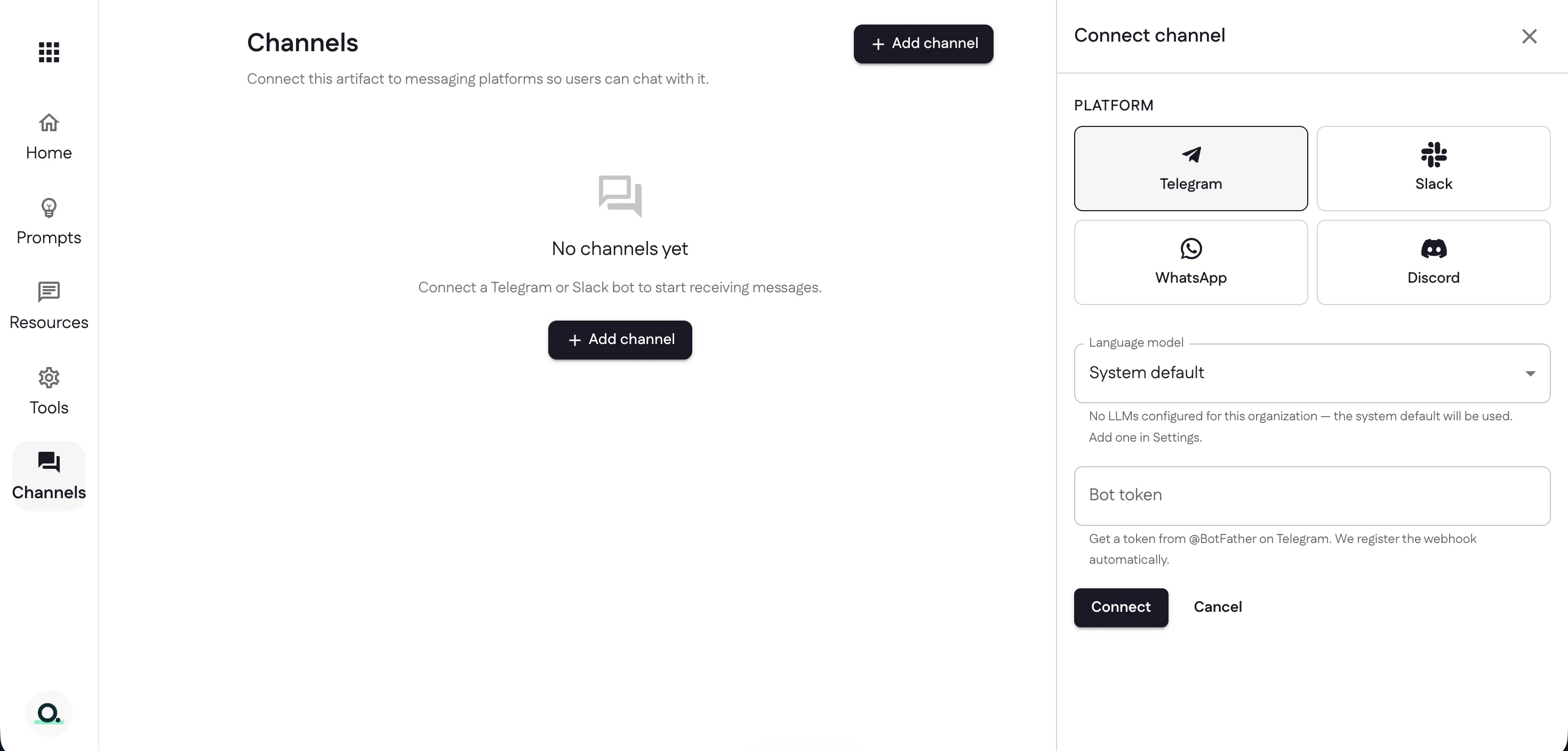 The Connect channel panel with Telegram, Slack, WhatsApp, and Discord options, a language model dropdown, and a bot token field