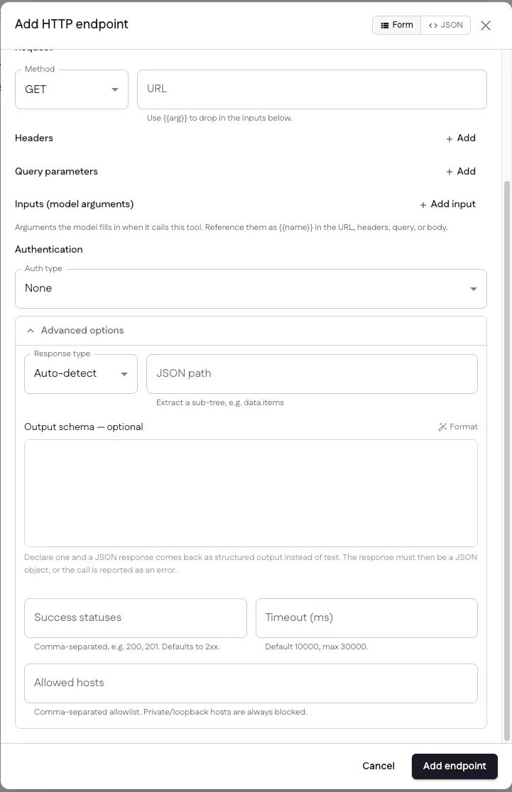 The Add HTTP endpoint dialog with method, URL, headers, inputs, authentication and advanced options expanded