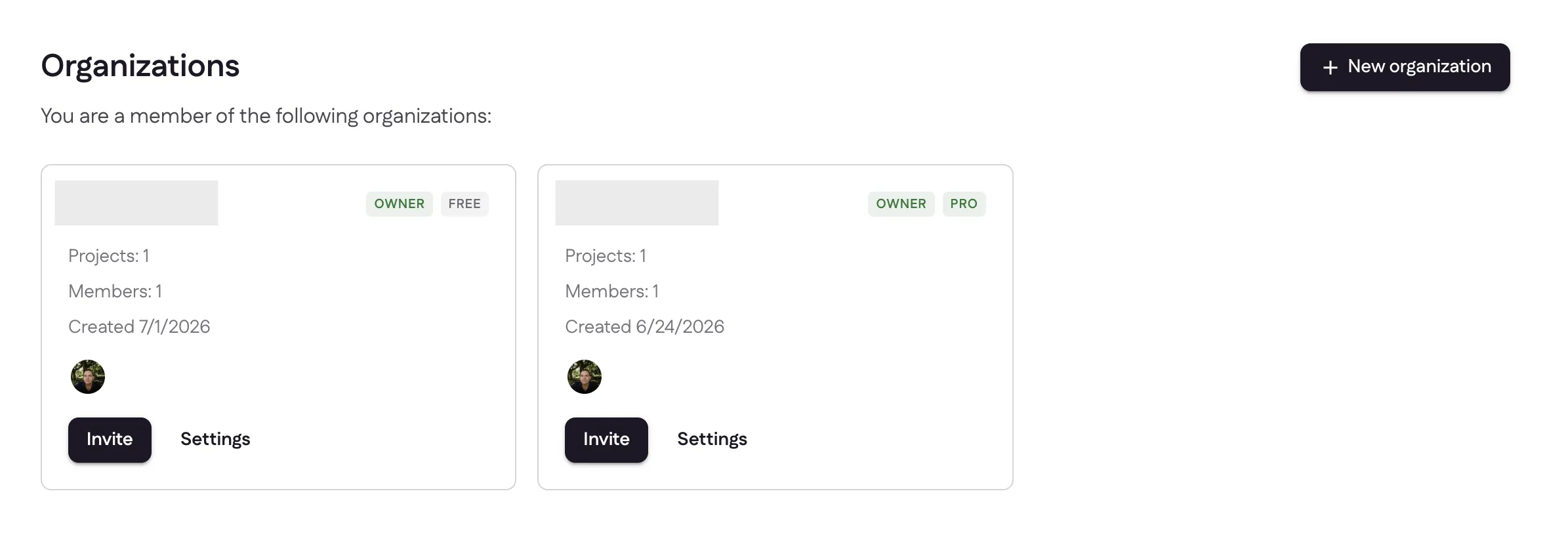 The Organizations page with cards showing Owner/Free and Owner/Pro badges, project and member counts, and Invite and Settings actions