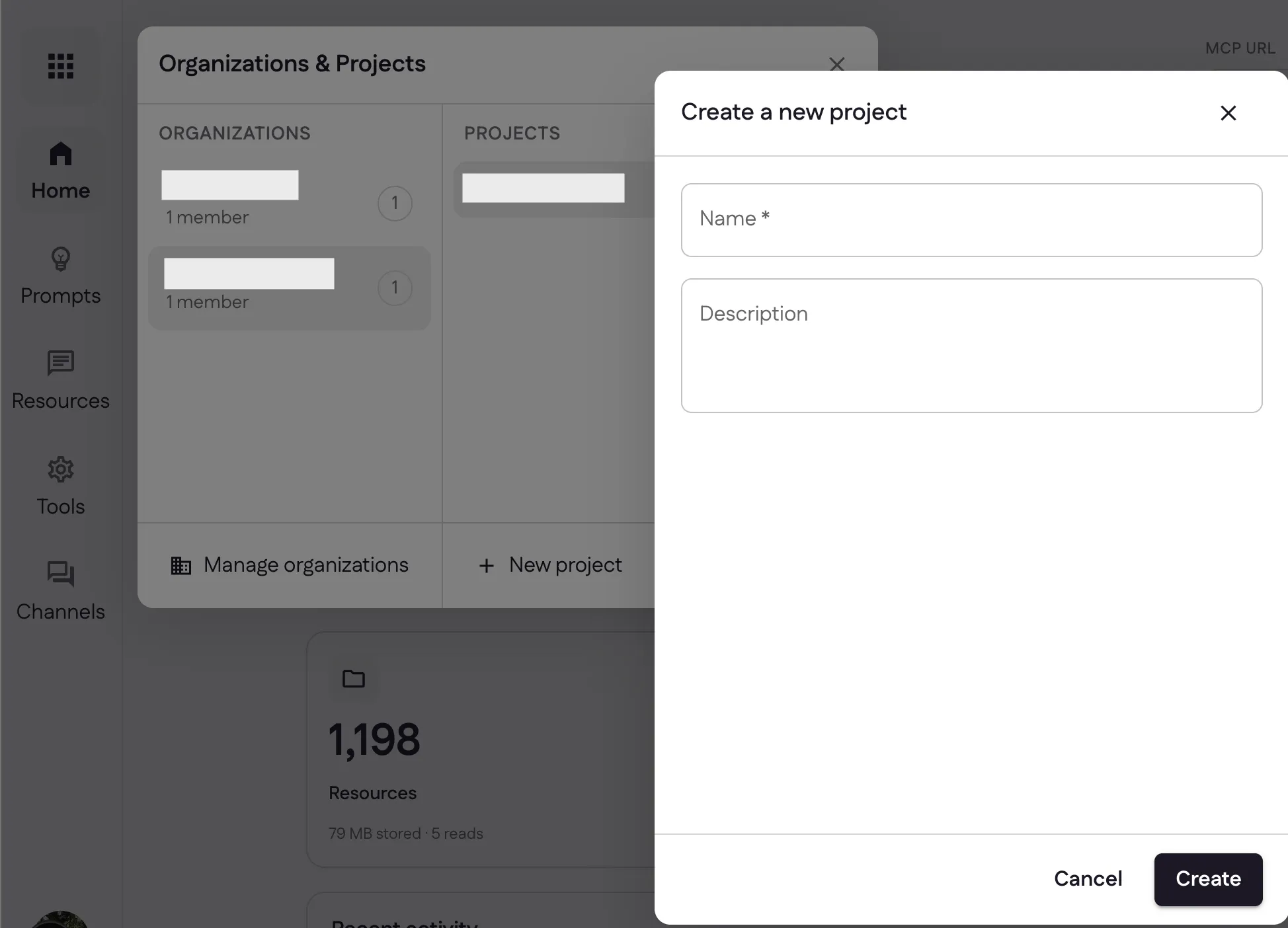 The Create a new project dialog with Name and Description fields