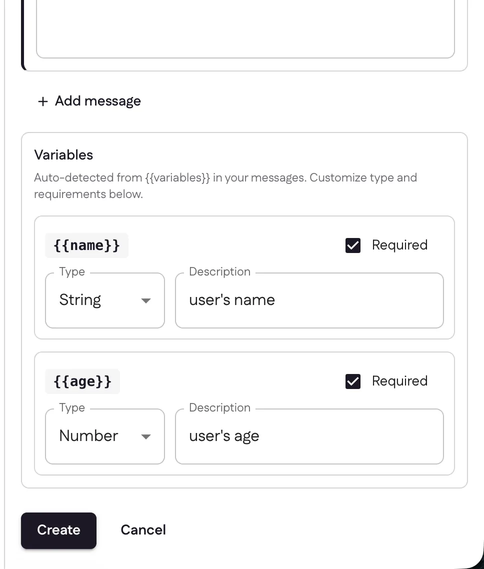 The Variables section listing {{name}} as a required String and {{age}} as a required Number, each with a type and description