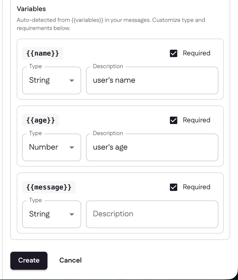 The Variables section now showing {{name}}, {{age}}, and {{message}}, each configurable