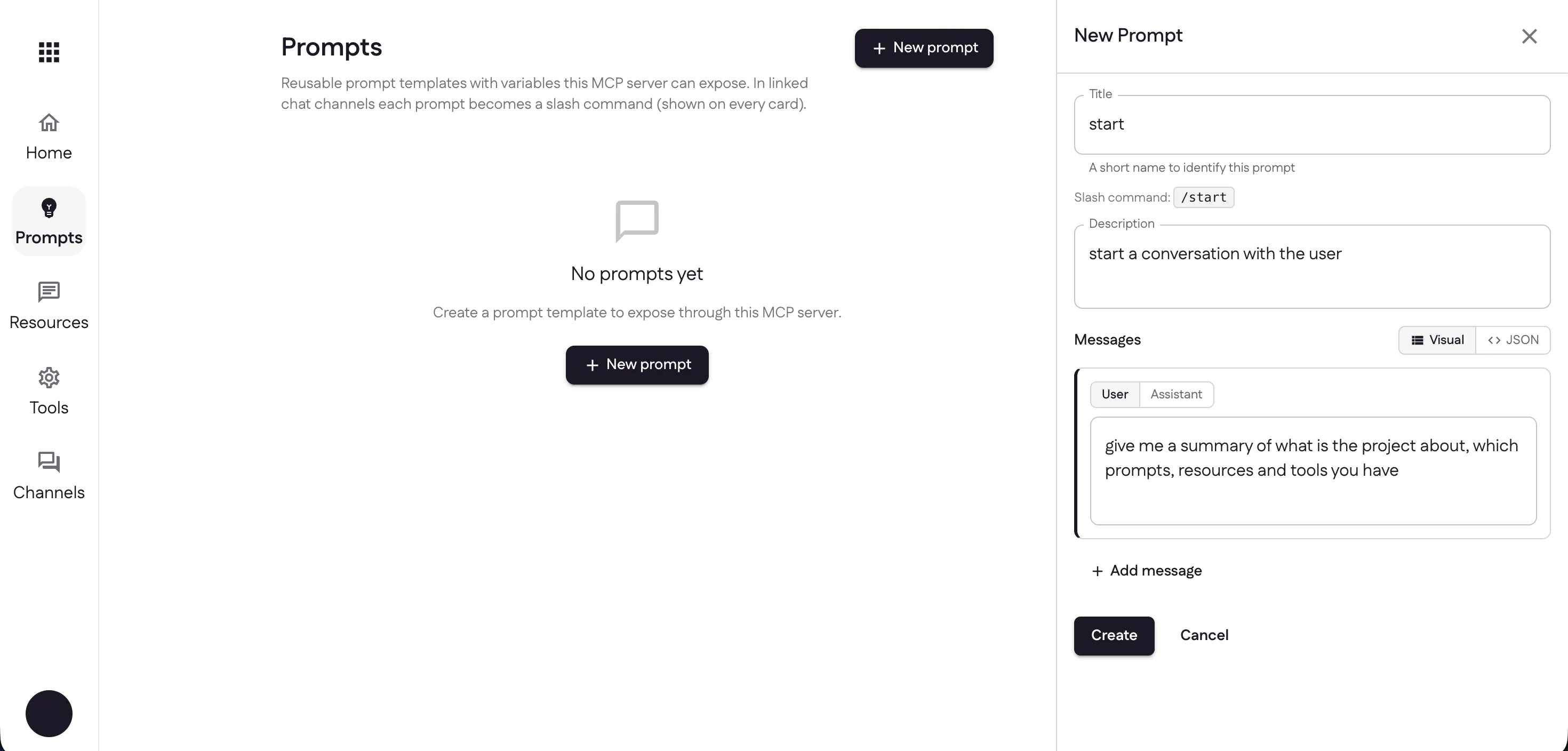 The New Prompt panel filled in: title "start", slash command /start, a description, and a user message