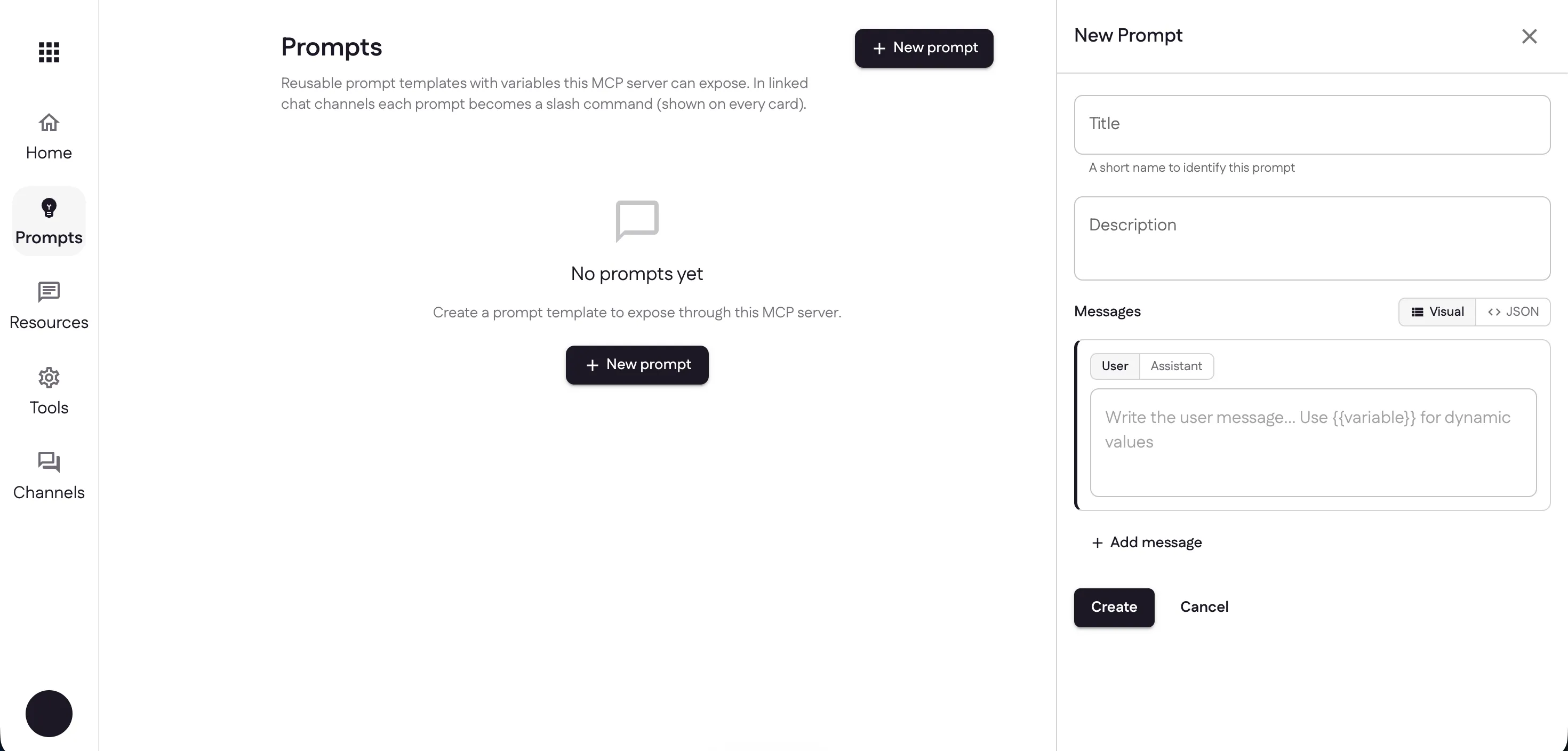 The Prompts page showing the empty state, with the New Prompt panel open and blank Title, Description, and Messages fields