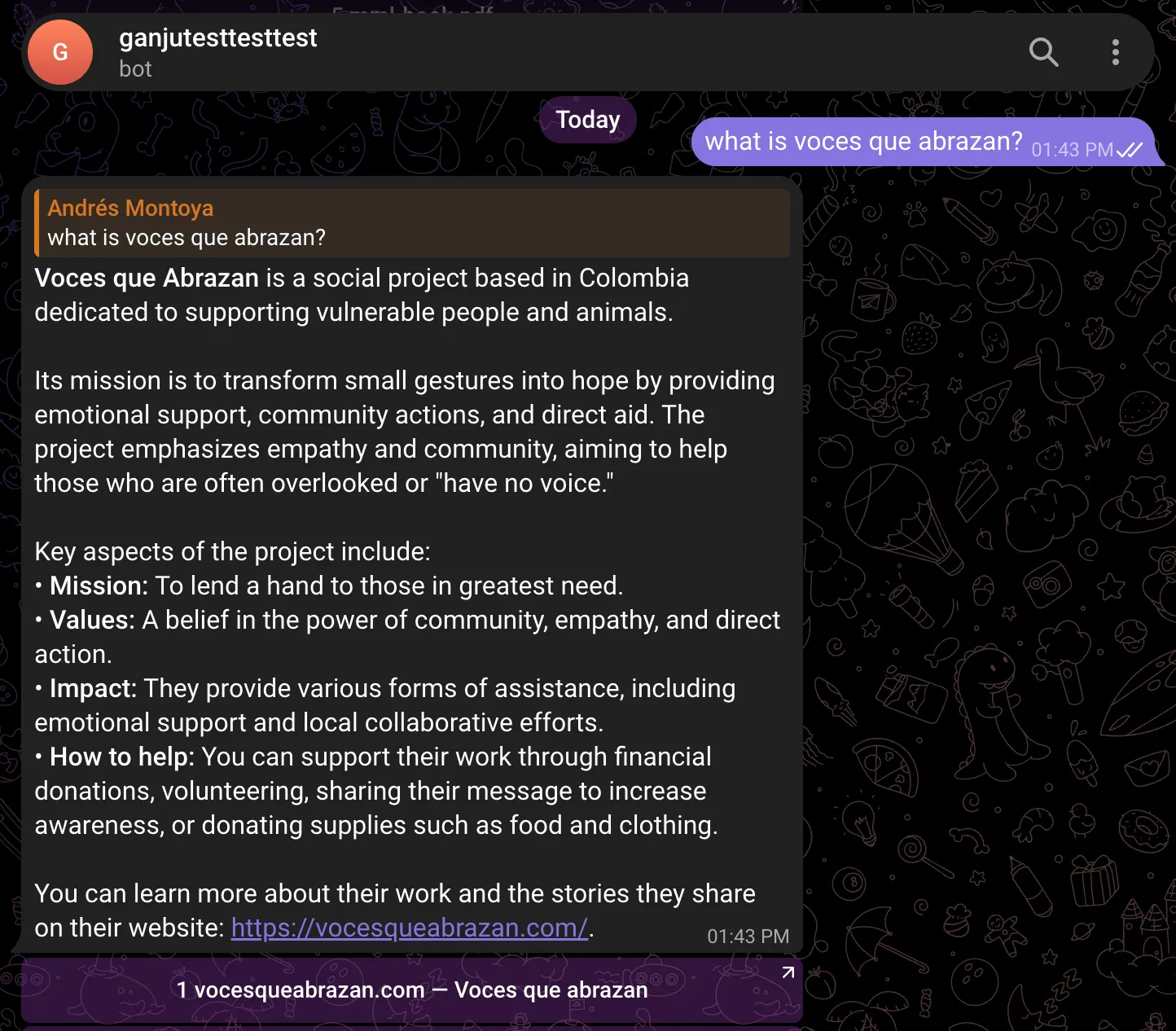 A Telegram chat where the bot answers a question from a crawled website and cites vocesqueabrazan.com as the source