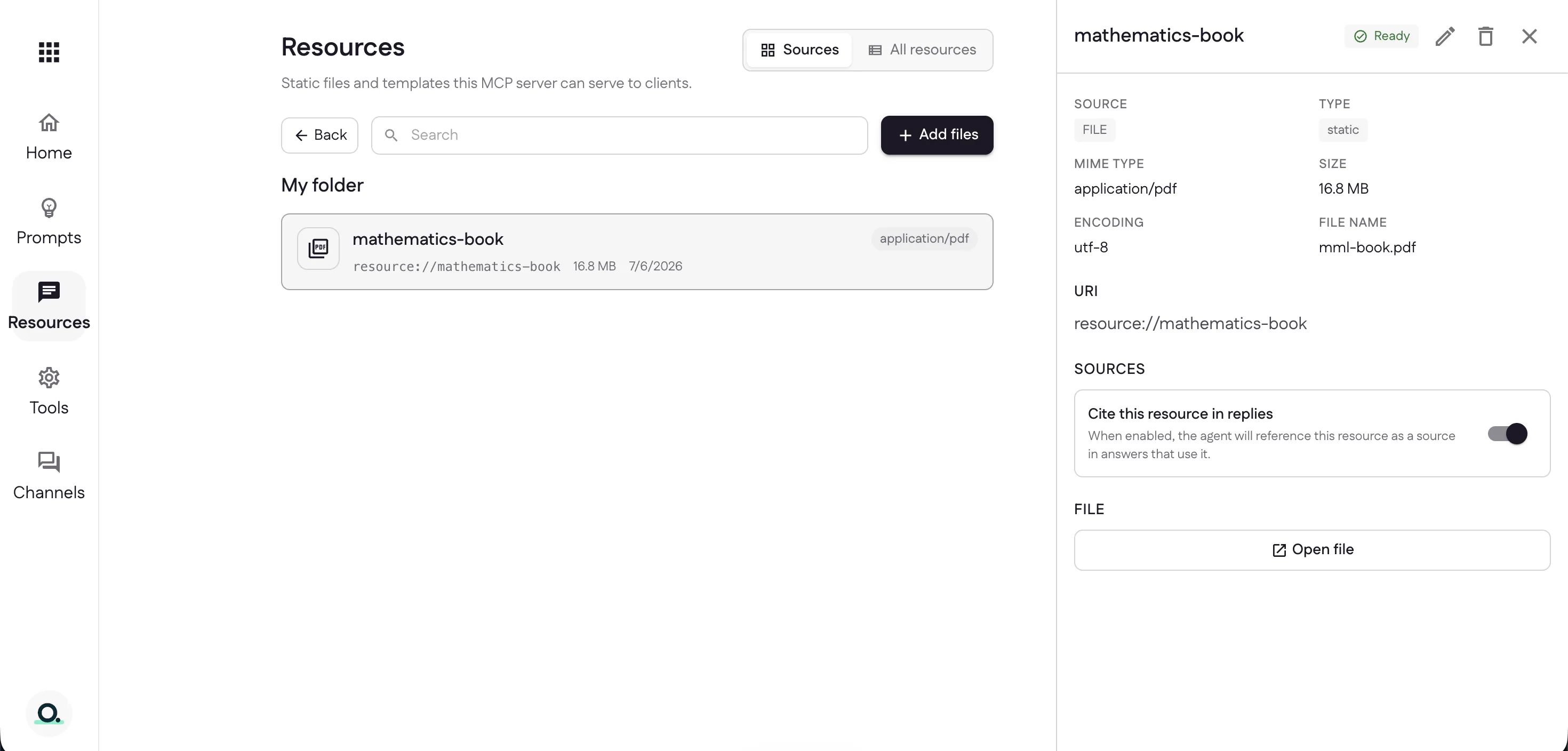 The saved mathematics-book resource marked Ready, with its metadata and the Cite in replies toggle