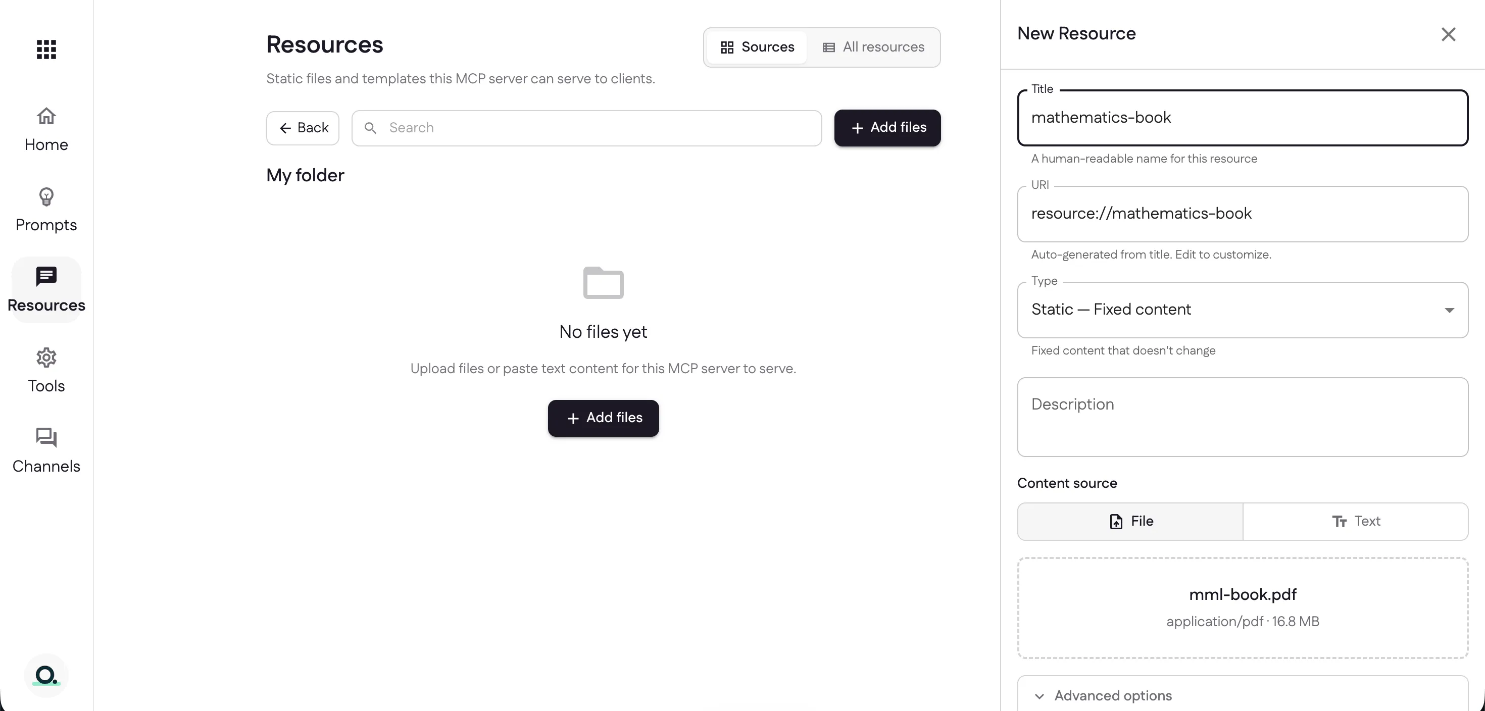 The New Resource panel with a title, auto-generated URI, type, and an uploaded PDF
