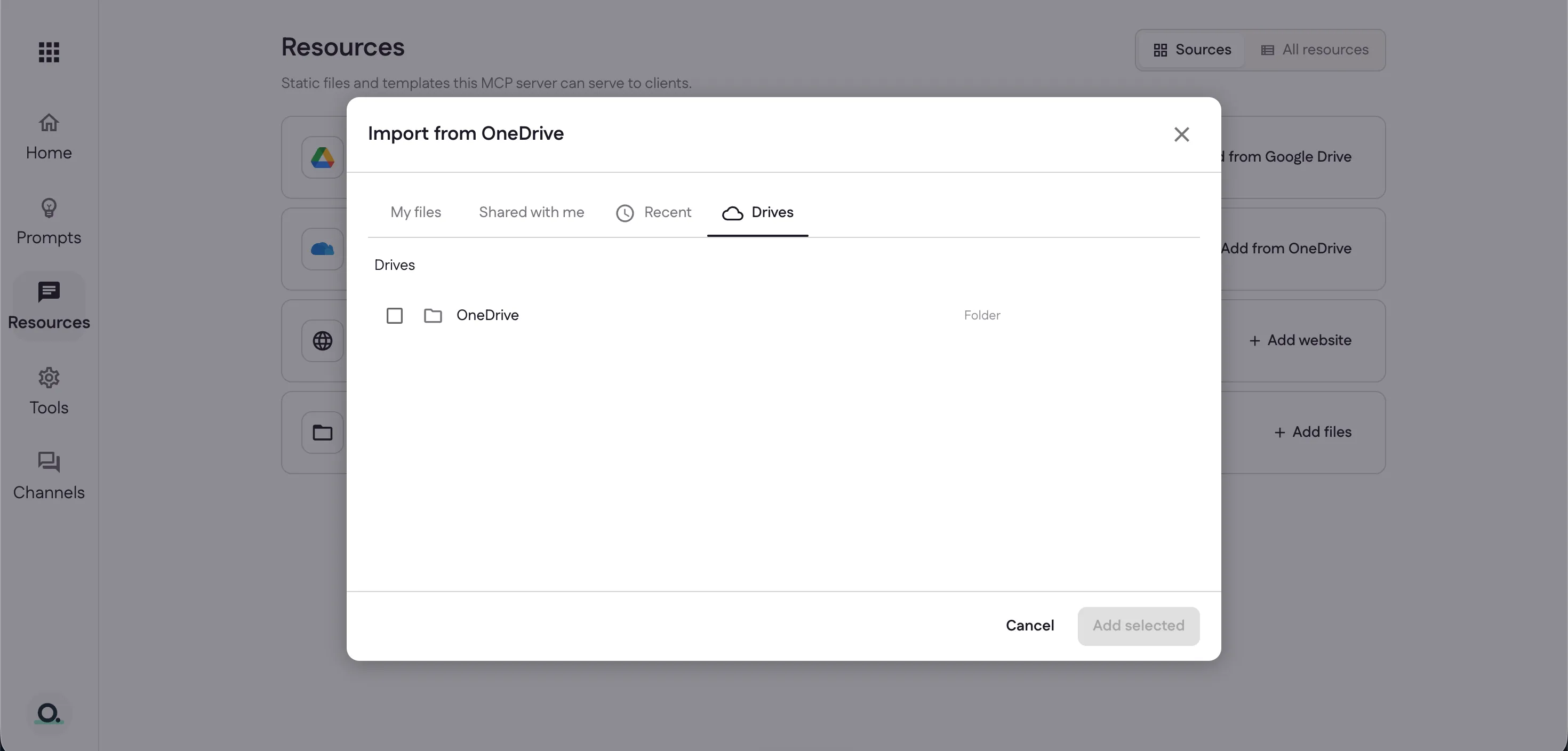 The Import from OneDrive picker with tabs for My files, Shared with me, Recent, and Drives