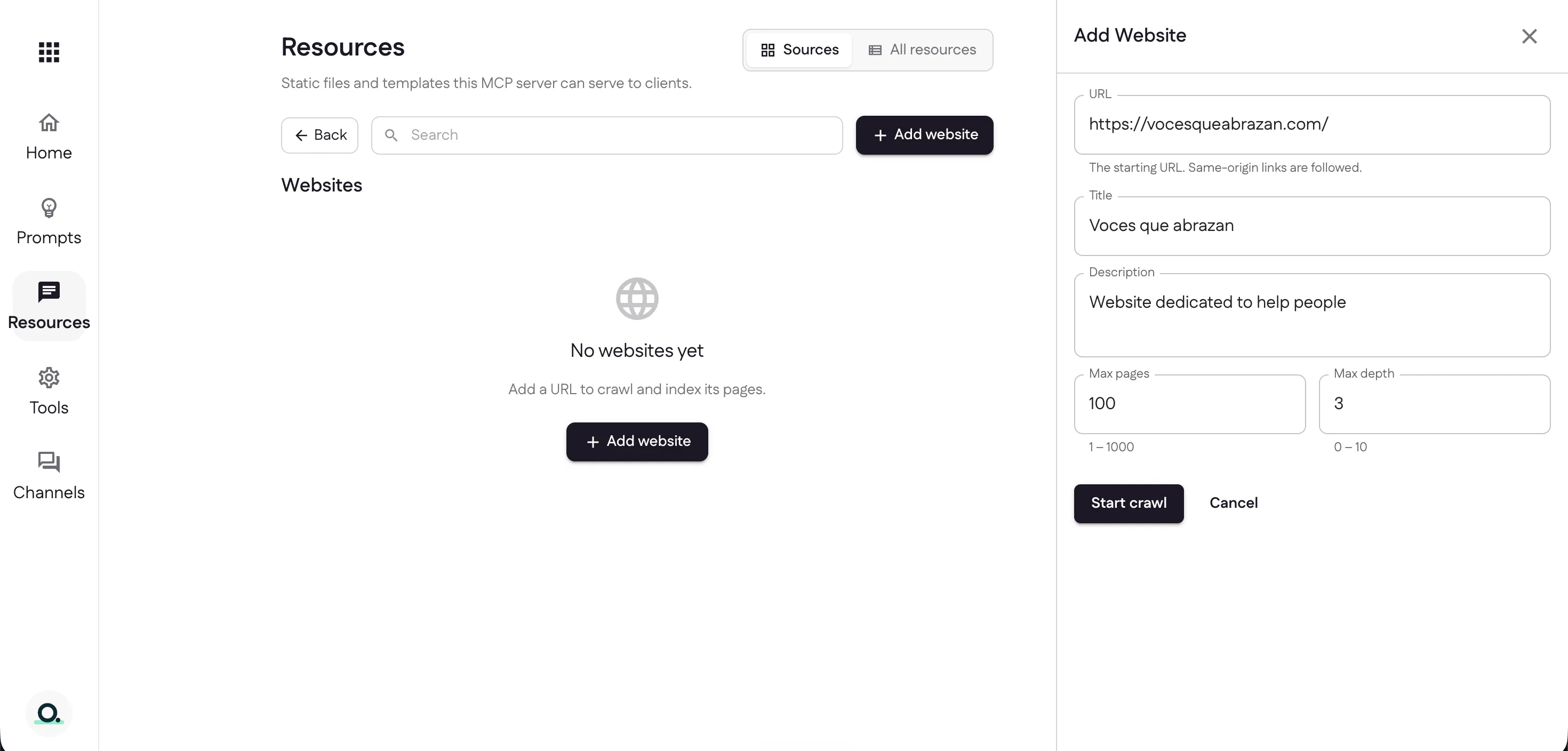 The Add Website panel with URL, title, description, and max pages and depth fields