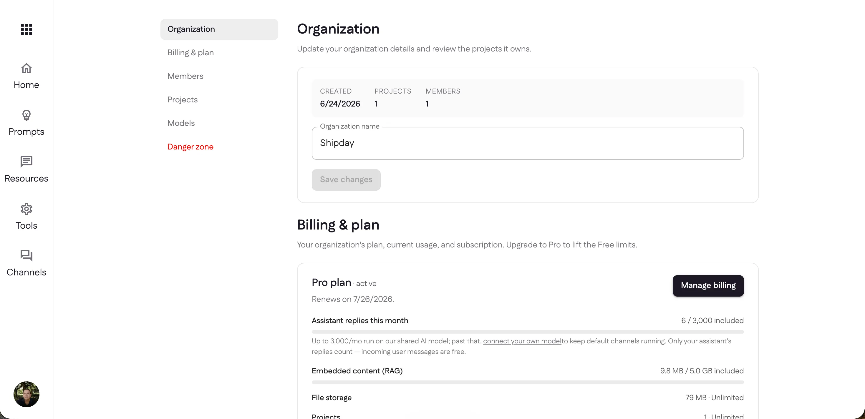 The Settings page showing Organization details and the Billing & plan usage breakdown