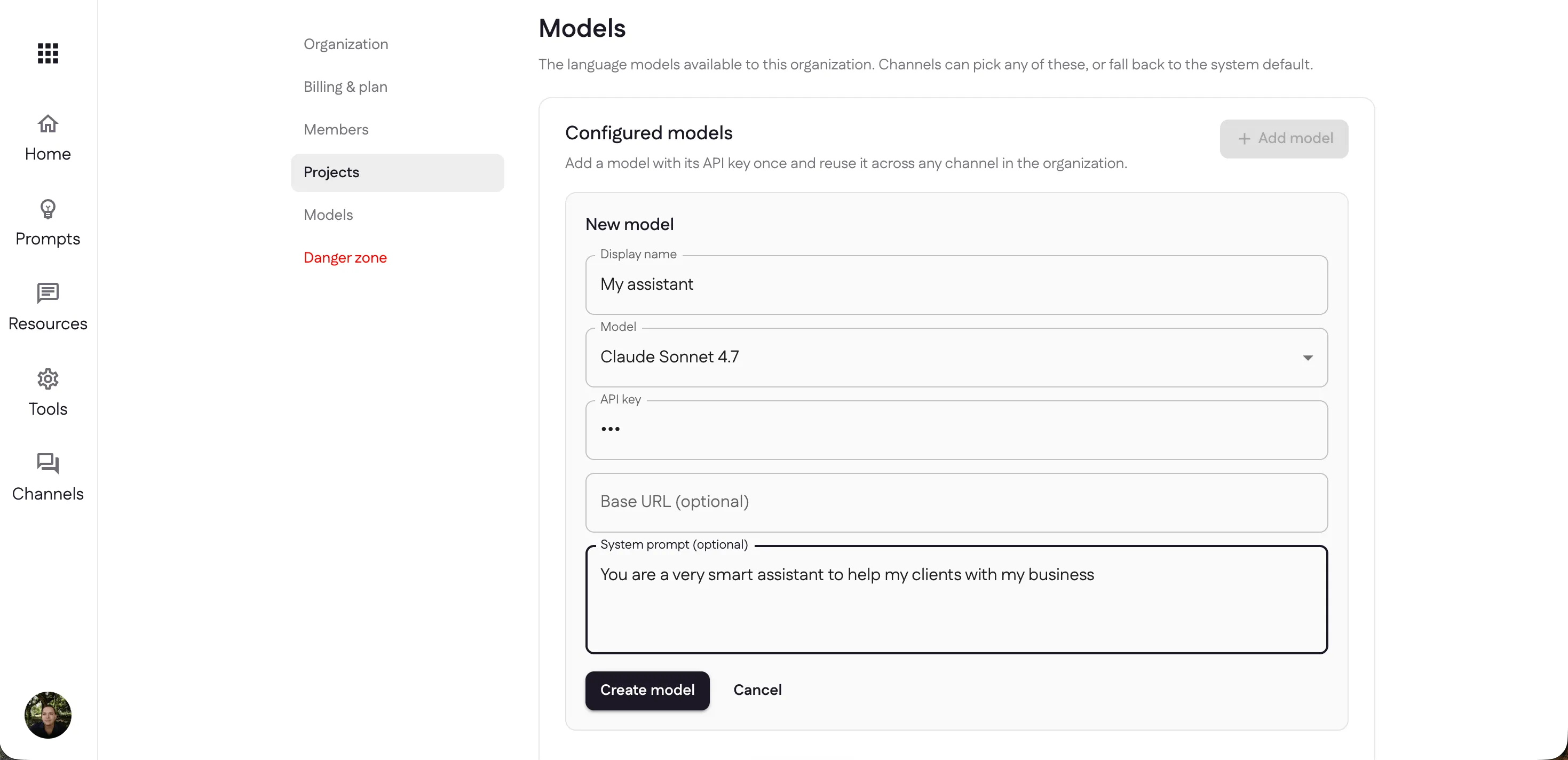 The New model form with display name, model, API key, base URL, and system prompt fields