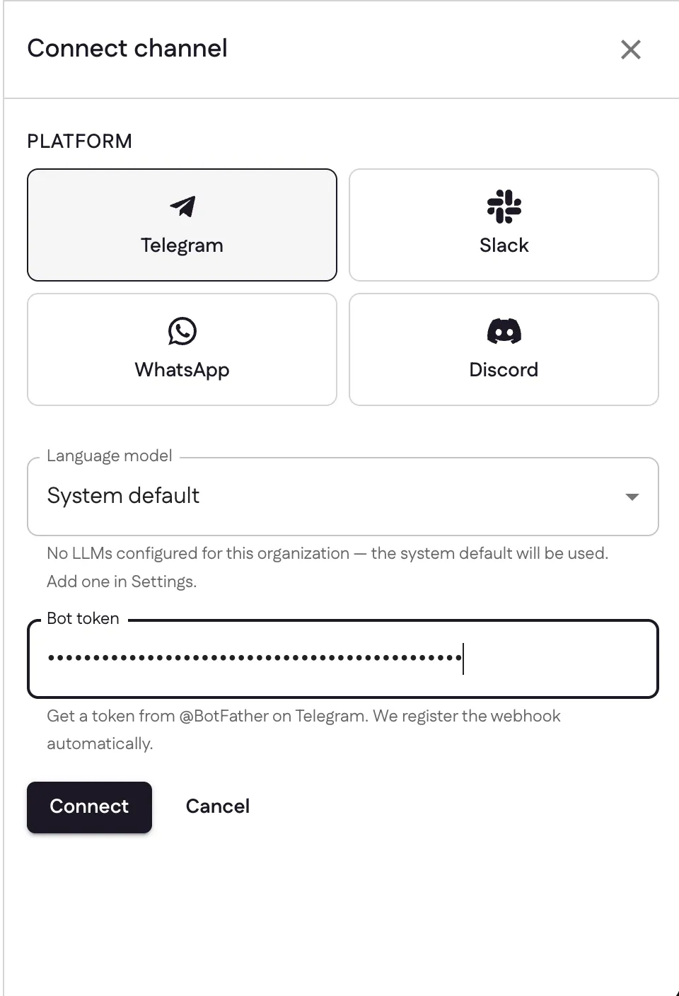 The Connect channel panel with a Telegram bot token entered, ready to connect