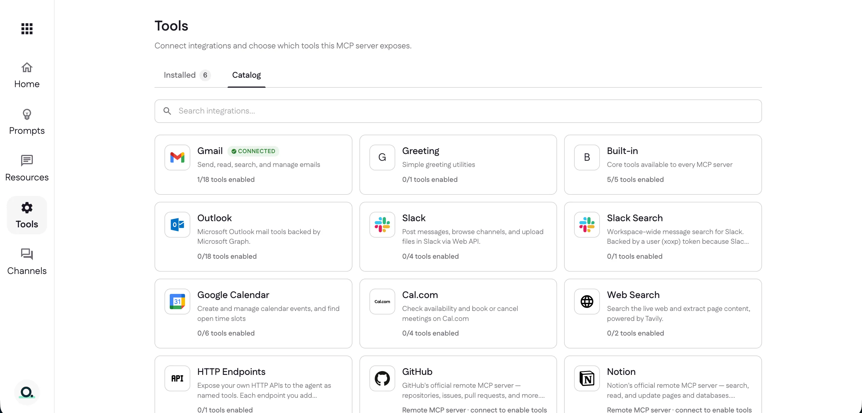 The catalog showing Gmail marked Connected with 1 of 18 tools enabled