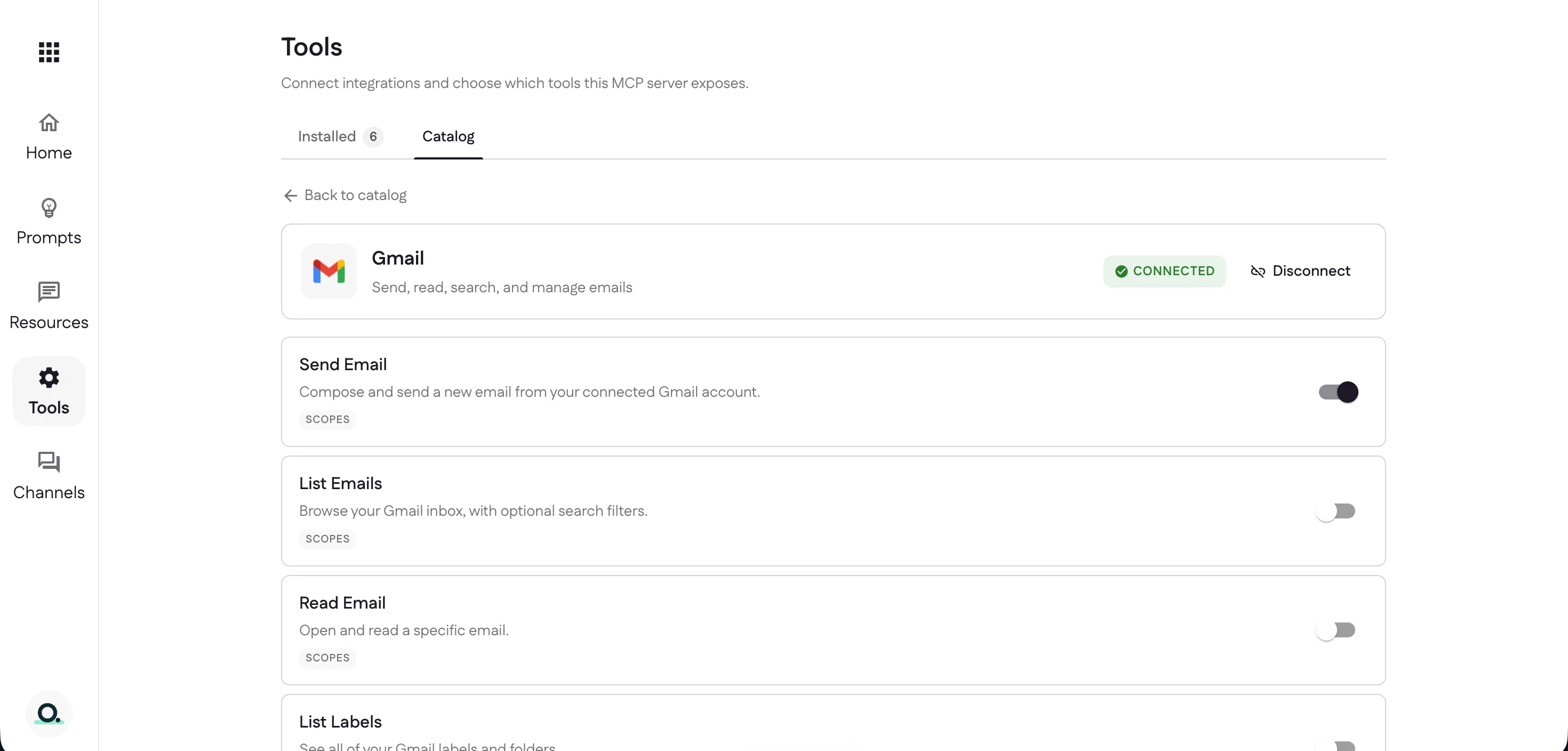Gmail connected, with the Send Email tool toggled on and the Installed count now 6