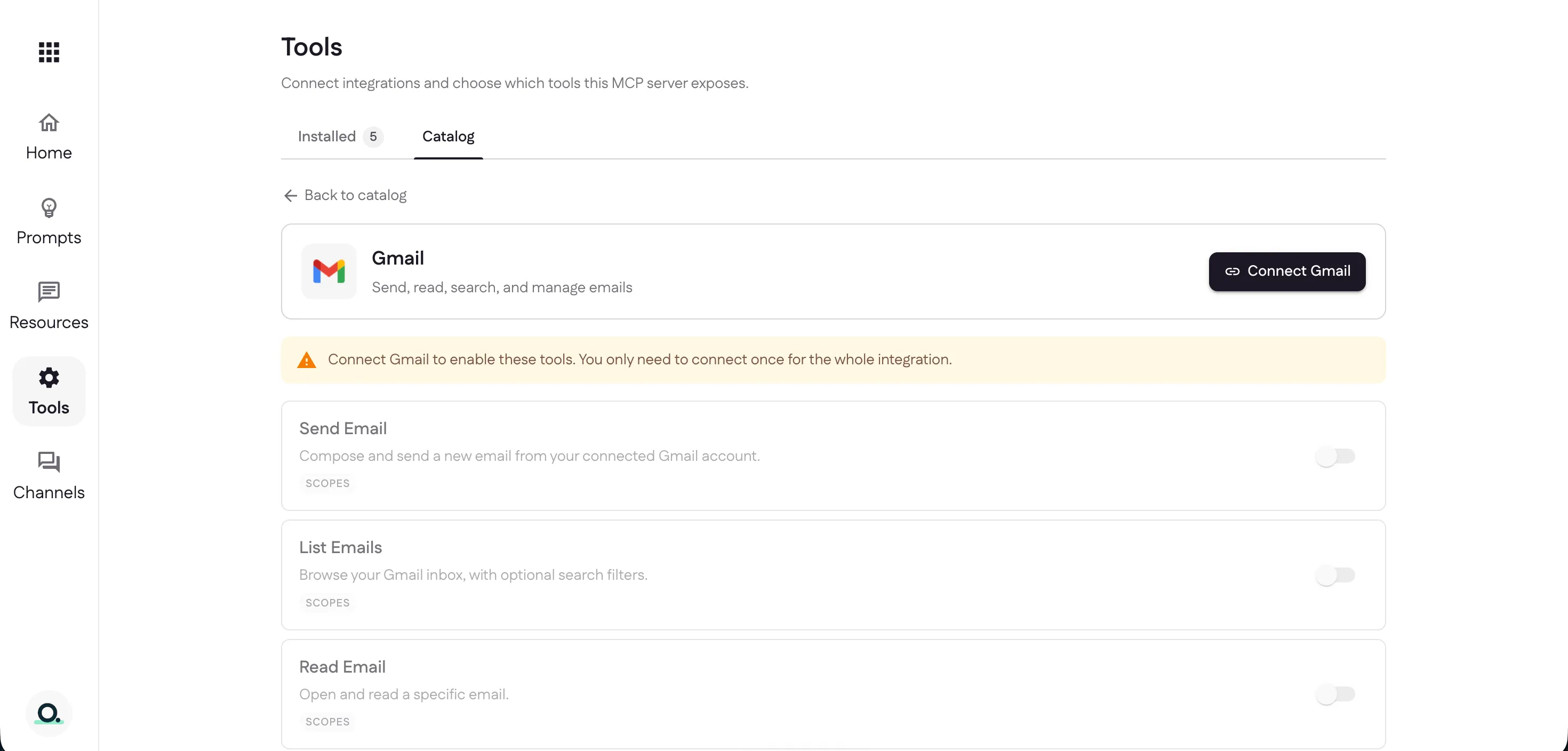 The Gmail integration with a Connect Gmail button and its individual tools listed